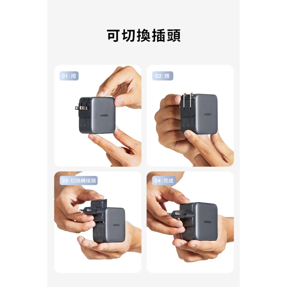 ~協明~ 綠聯 65W 三孔氮化鎵快充充電器 2C1A多國轉接版【使用南芯晶片】-細節圖5