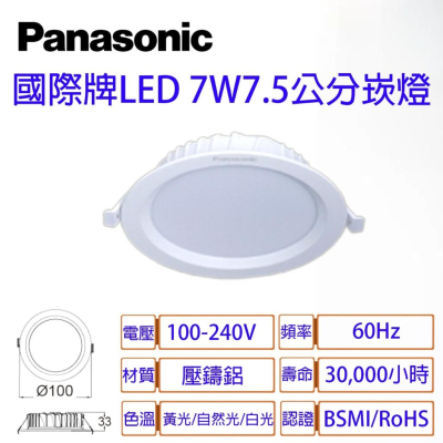 國際牌 LED 新版 崁燈 7.5公分 7W 薄型 3.3CM 全電壓 附快速接頭 Panasonic