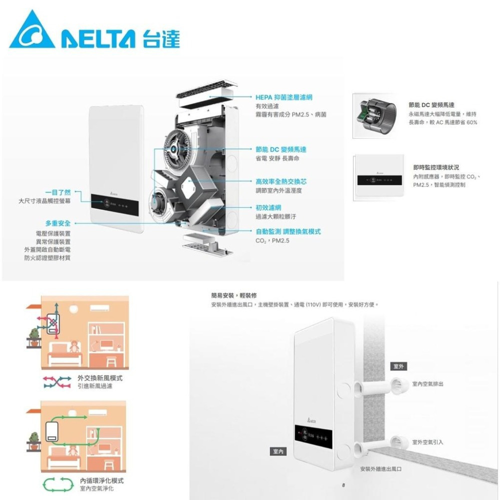 台達電 PM2.5 壁掛式 全熱交換器 VEB100AT-W 適用20坪以下 防空汙 全熱交換機 含遙控器-細節圖2