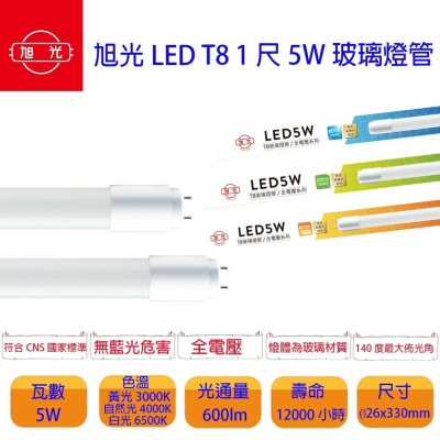最新版 旭光 ET8-1FT LED T8 1尺 5W 6000K 超廣角 led燈管 可加購 T8串接層板空台