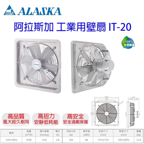 阿拉斯加 IT-20 工業排風機 通風扇 工業用壁式風扇 IT20