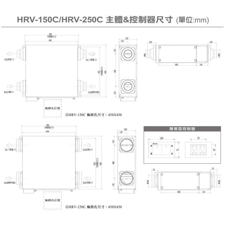 樂奇Lifegear HRV-250CS2 6英吋 220V 活氧全熱交換器 簡易開關 全熱交換器-細節圖2