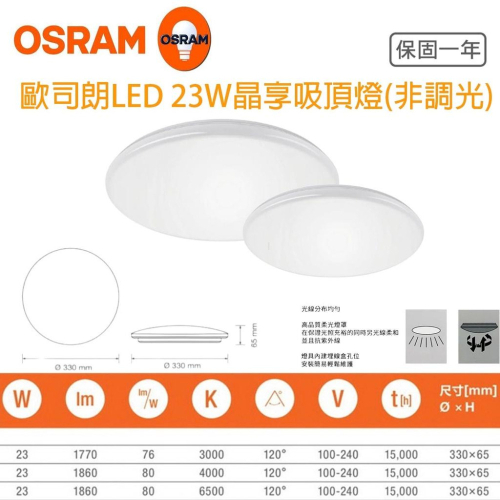 OSRAM 歐司朗 LED 晶享 23W 吸頂燈 3000K/4000K/6500K 全電壓 套房 1-2坪