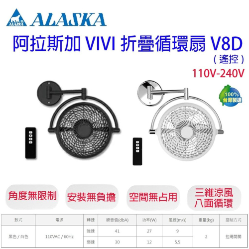 阿拉斯加 ALASKA V8AD DC 8吋 壁扇 VIVI 折疊循環扇 風扇 電扇 遙控風扇 黑色 白色