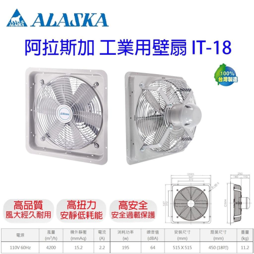 阿拉斯加 IT-18 工業排風機 通風扇 工業用壁式風扇 IT18