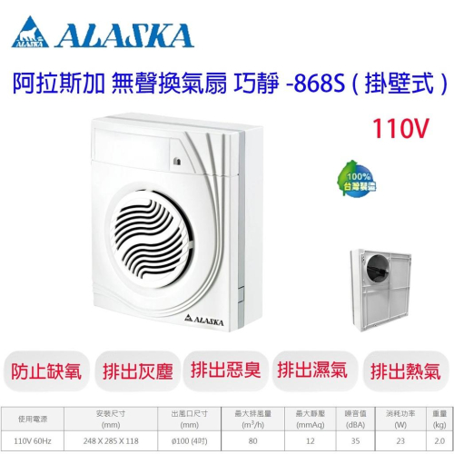 阿拉斯加 ALASKA 巧靜-868S 新款 浴室換氣扇 掛壁式 排風扇 靜音扇