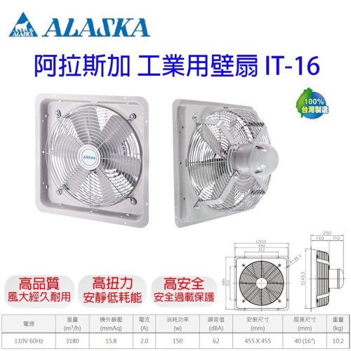 阿拉斯加 IT-16 工業排風機 通風扇 工業用壁式風扇 IT16