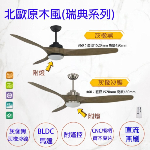 台灣製 吊扇 60吋 北歐實木 工業造型 吊扇燈 DC吊扇 直流變頻 LED 16W 附遙控
