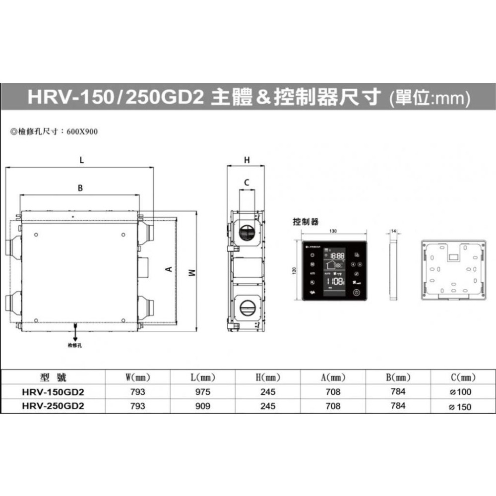 樂奇 HRV-250GD2 220V 變頻全熱交換機 數位液晶控制 Lifegear 辦公大樓專用-細節圖2