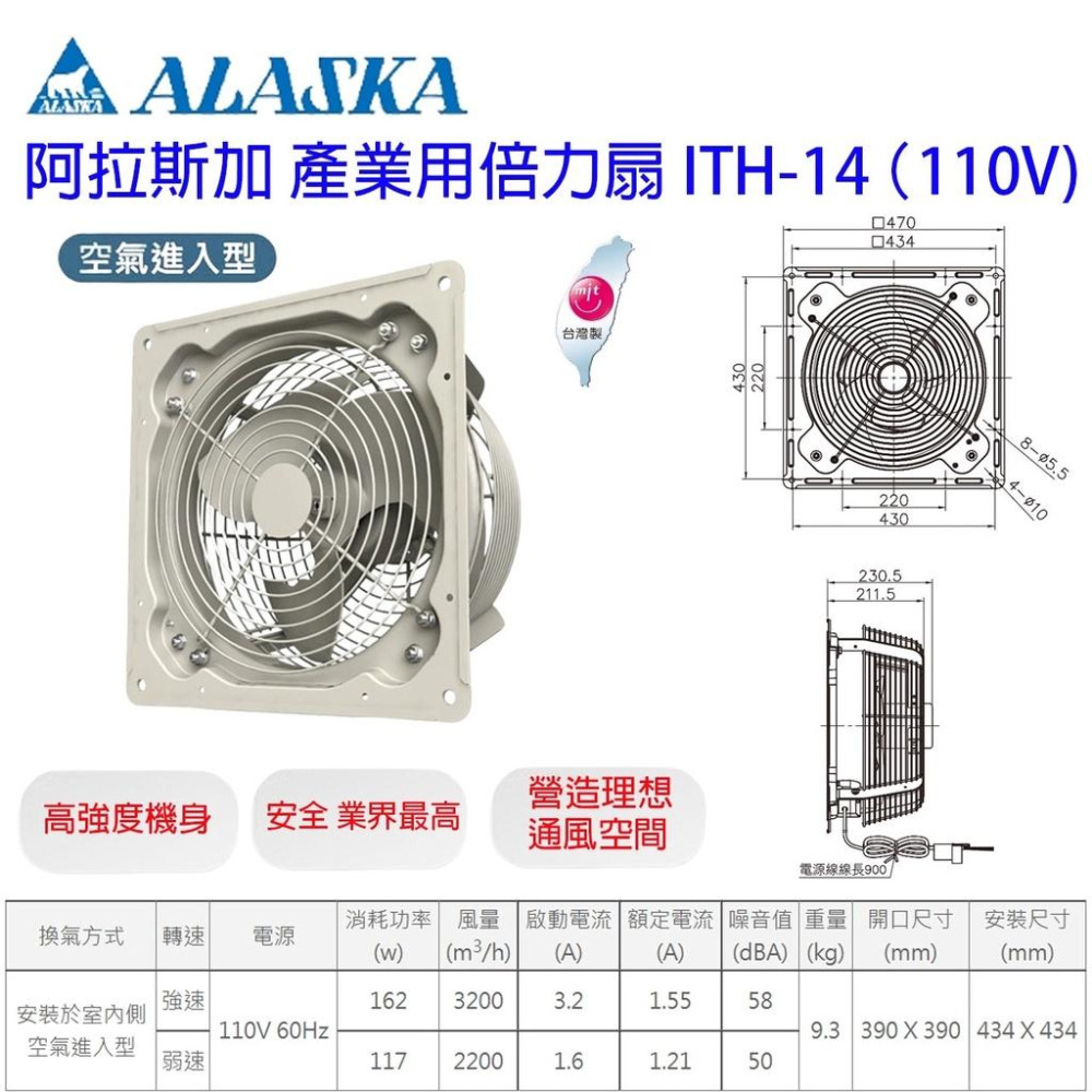 阿拉斯加 產業用倍力扇 ITH-14 排風扇 工業用扇 大風量 低噪音 礦機 礦場 機房散熱-細節圖2