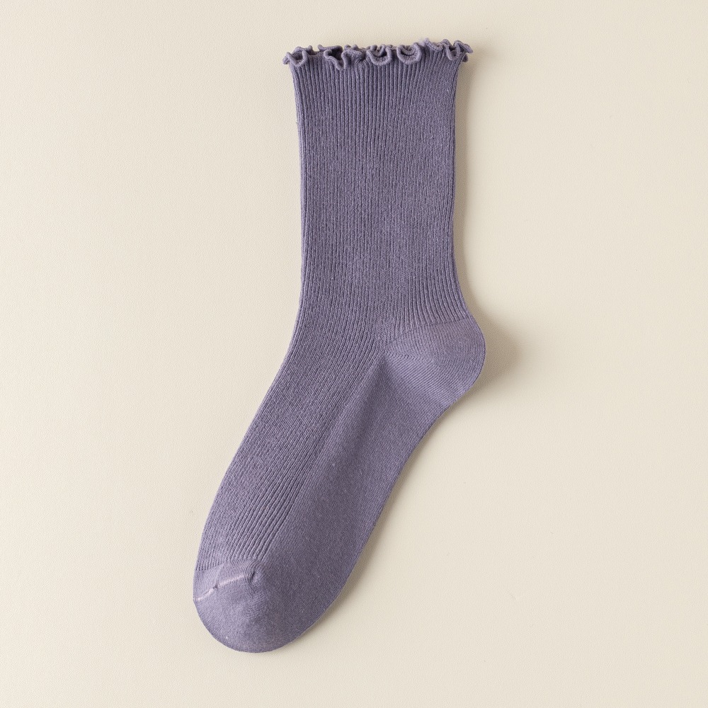 NicoFun 愛定做 捲捲花邊純色中筒襪 堆堆襪 泡泡襪 羅紋襪 針織襪 中筒 棉襪(女棉襪22-24.5cm)-規格圖6