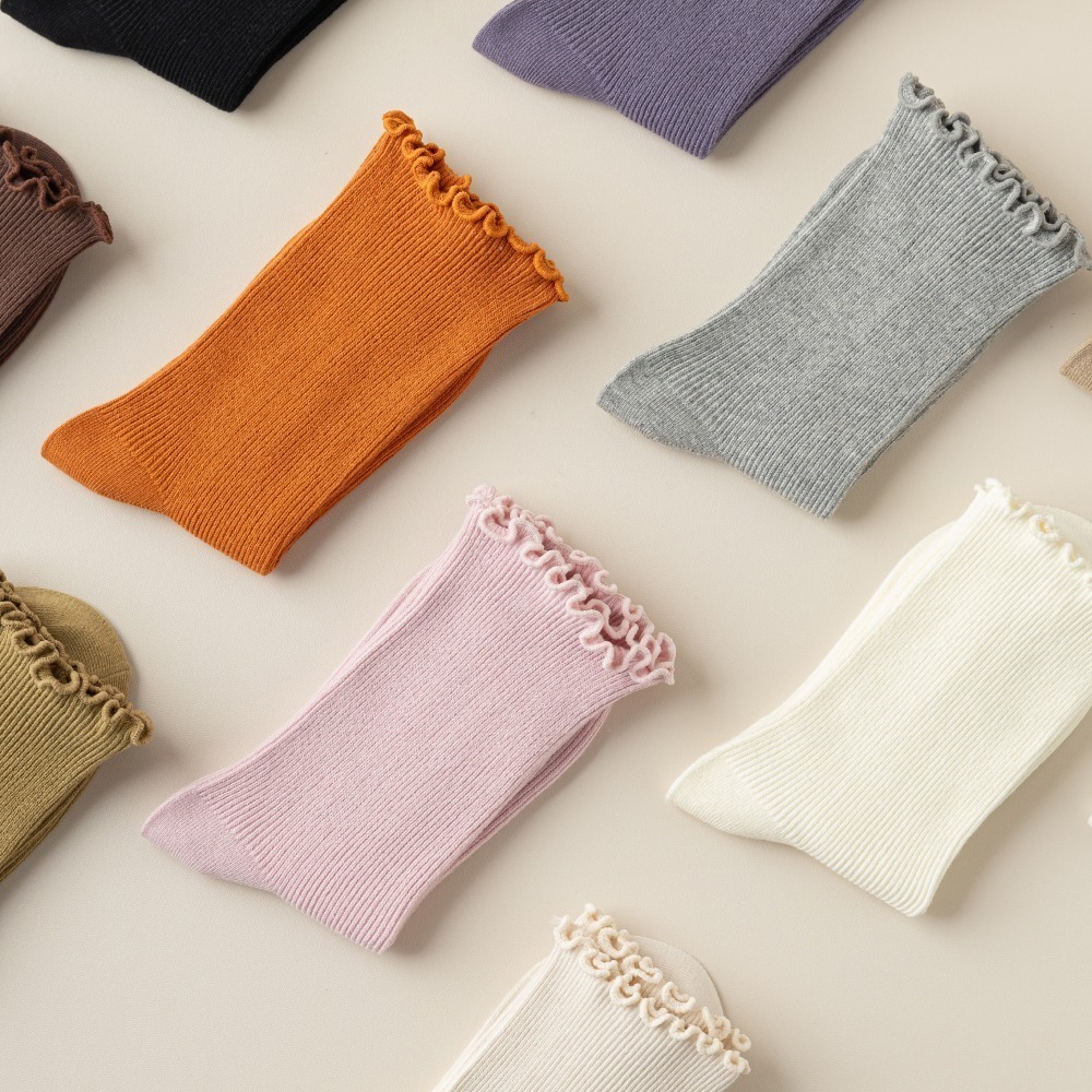 NicoFun 愛定做 3雙 捲捲花邊純色中筒襪 堆堆襪 泡泡襪 羅紋襪 針織襪 造型襪(女襪22-24.5cm)-細節圖6