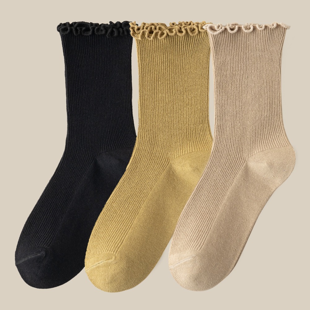 NicoFun 愛定做 3雙 捲捲花邊純色中筒襪 堆堆襪 泡泡襪 羅紋襪 針織襪 造型襪(女襪22-24.5cm)-規格圖6