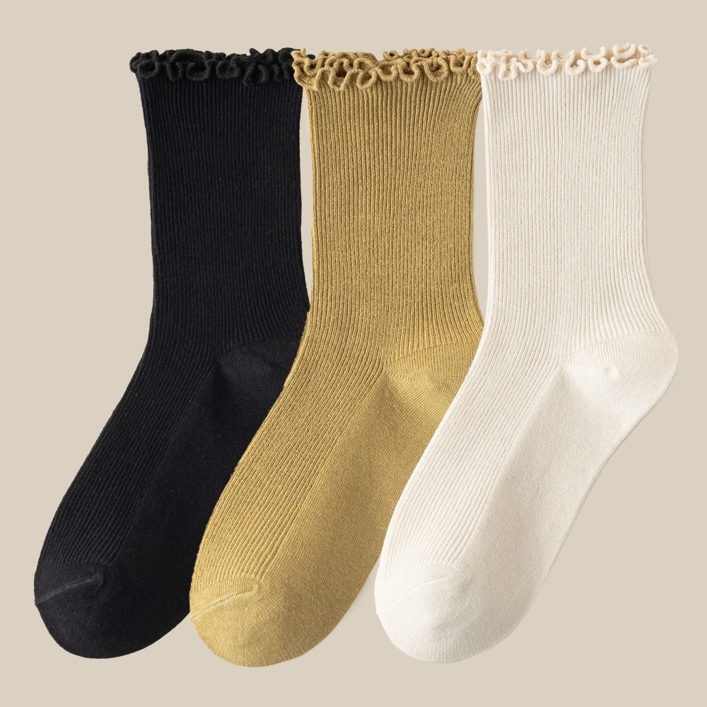 NicoFun 愛定做 3雙 捲捲花邊純色中筒襪 堆堆襪 泡泡襪 羅紋襪 針織襪 造型襪(女襪22-24.5cm)-規格圖6