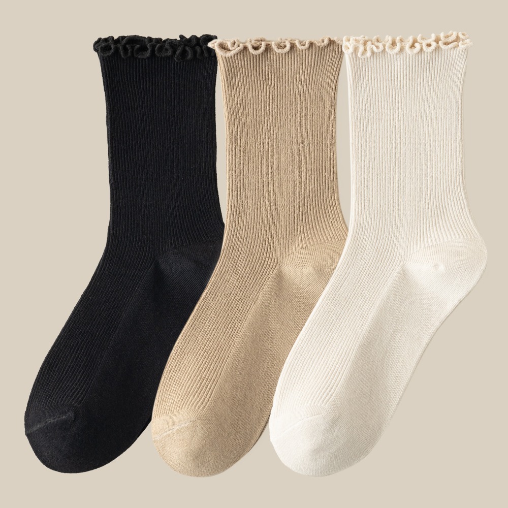 NicoFun 愛定做 3雙 捲捲花邊純色中筒襪 堆堆襪 泡泡襪 羅紋襪 針織襪 造型襪(女襪22-24.5cm)-規格圖6