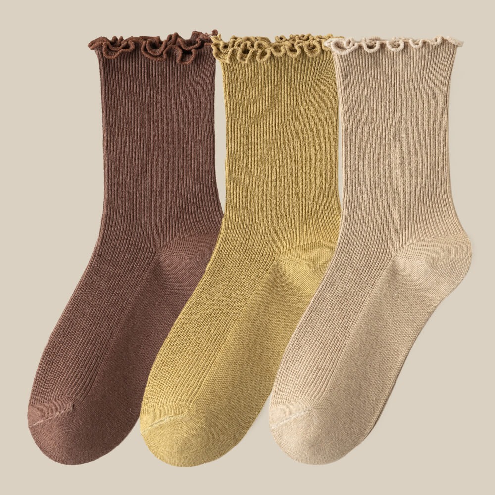 NicoFun 愛定做 3雙 捲捲花邊純色中筒襪 堆堆襪 泡泡襪 羅紋襪 針織襪 造型襪(女襪22-24.5cm)-規格圖6