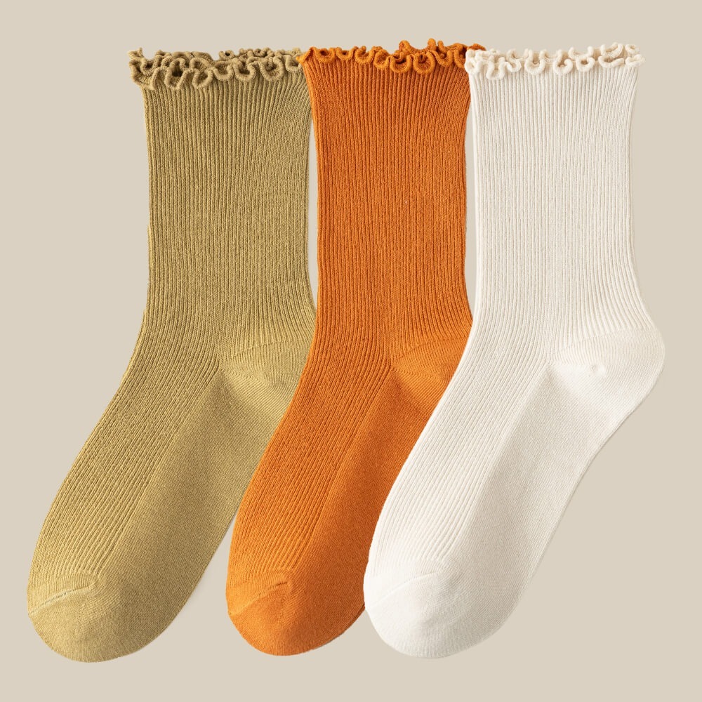 NicoFun 愛定做 3雙 捲捲花邊純色中筒襪 堆堆襪 泡泡襪 羅紋襪 針織襪 造型襪(女襪22-24.5cm)-規格圖6