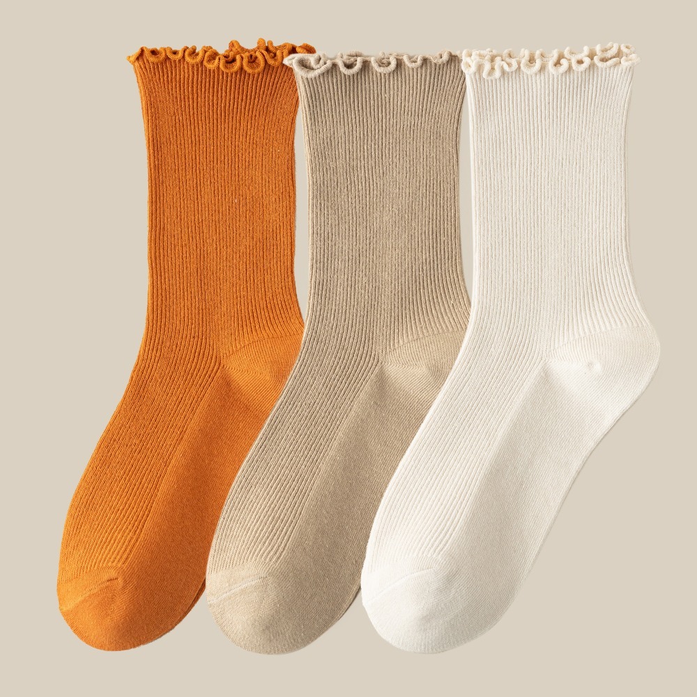 NicoFun 愛定做 3雙 捲捲花邊純色中筒襪 堆堆襪 泡泡襪 羅紋襪 針織襪 造型襪(女襪22-24.5cm)-規格圖6