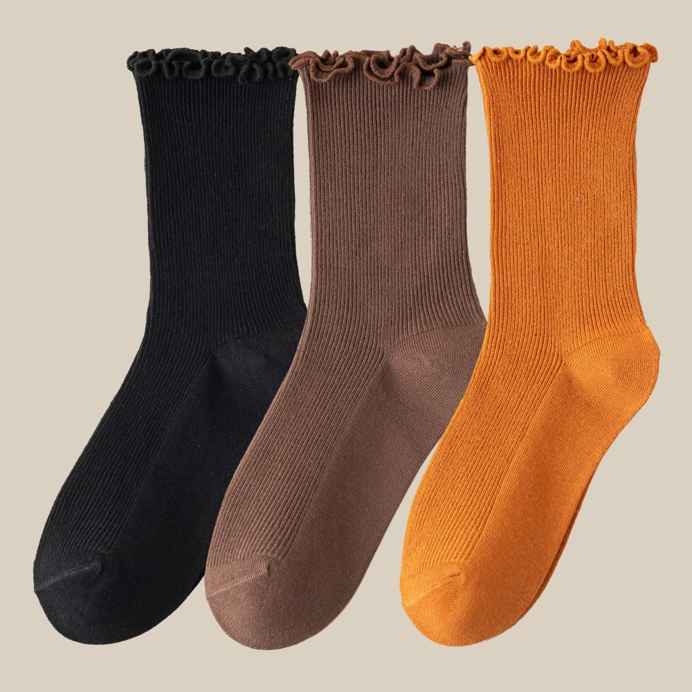 NicoFun 愛定做 3雙 捲捲花邊純色中筒襪 堆堆襪 泡泡襪 羅紋襪 針織襪 造型襪(女襪22-24.5cm)-規格圖6