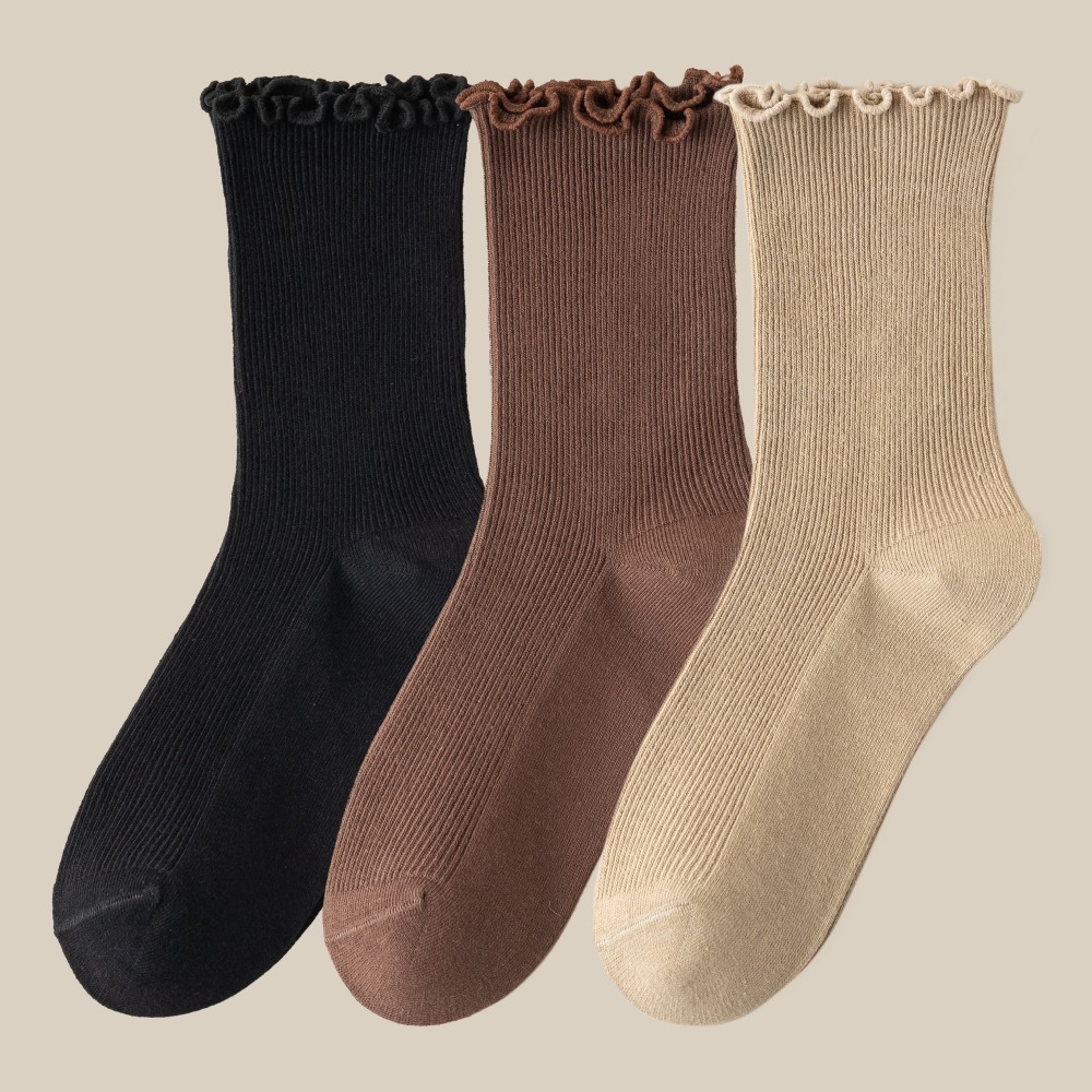 NicoFun 愛定做 3雙 捲捲花邊純色中筒襪 堆堆襪 泡泡襪 羅紋襪 針織襪 造型襪(女襪22-24.5cm)-規格圖6