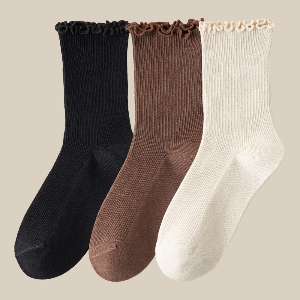 NicoFun 愛定做 3雙 捲捲花邊純色中筒襪 堆堆襪 泡泡襪 羅紋襪 針織襪 造型襪(女襪22-24.5cm)-規格圖6