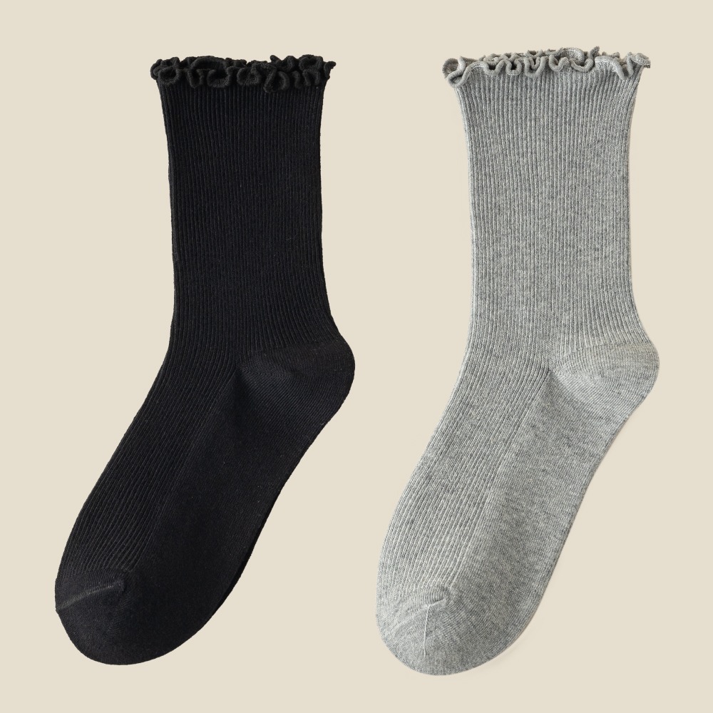 NicoFun 愛定做 6雙 黑色/色白/灰色 捲捲花邊純色中筒襪 堆堆襪 泡泡襪 造型襪(精梳棉襪22-24.5cm)-規格圖1