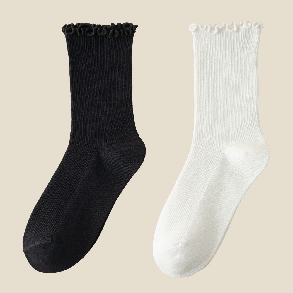 NicoFun 愛定做 6雙 黑色/色白/灰色 捲捲花邊純色中筒襪 堆堆襪 泡泡襪 造型襪(精梳棉襪22-24.5cm)-規格圖1