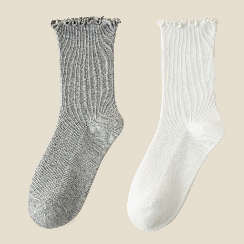 NicoFun 愛定做 6雙 黑色/色白/灰色 捲捲花邊純色中筒襪 堆堆襪 泡泡襪 造型襪(精梳棉襪22-24.5cm)-規格圖1