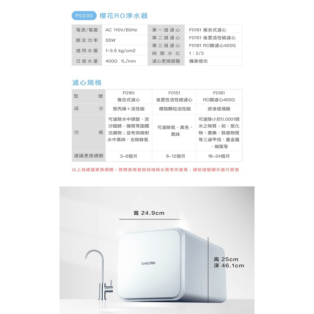 【櫻花SAKURA】【贈原廠標準安裝】 P-0230A RO 淨水器 廚下 直輸式 飲水器 P0230-細節圖4