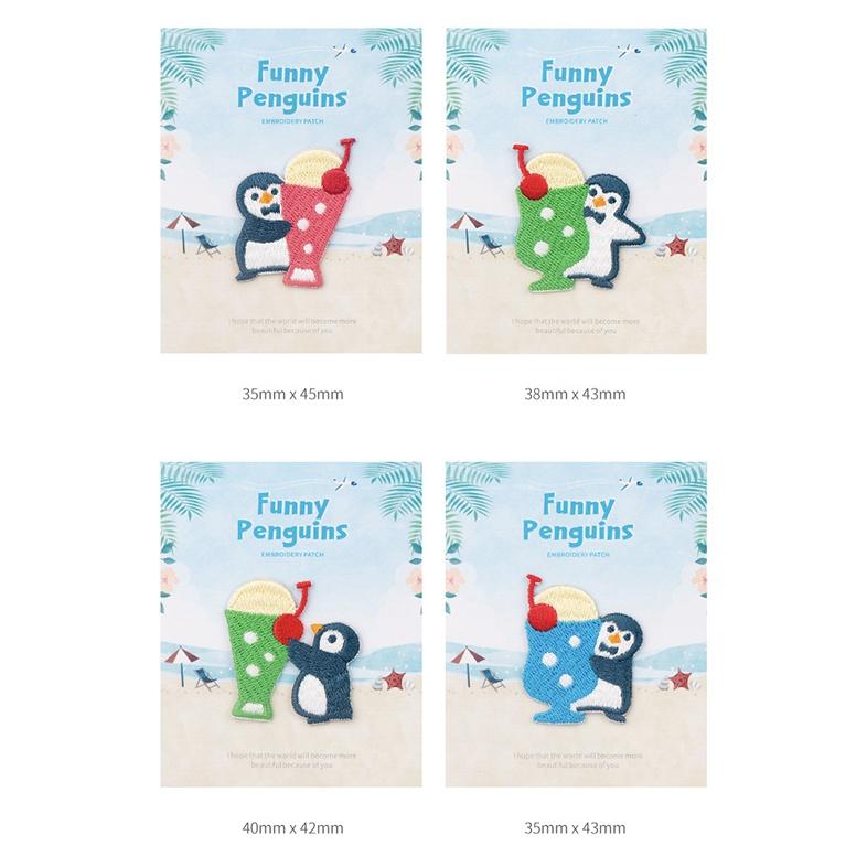 客秋皮～ 夏日清涼 企鵝飲品 可愛 企鵝 INS 刺繡 衣服裝飾DIY 補丁 燙布貼 刺繡貼紙 背膠式繡布貼 刺繡貼-細節圖2