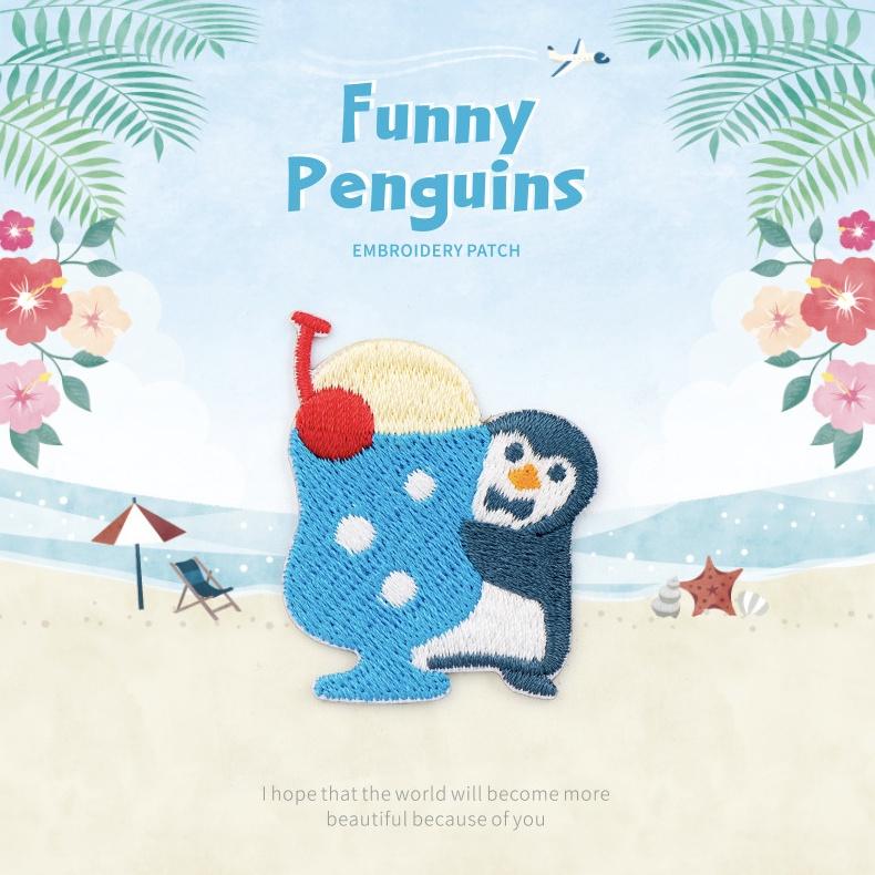 客秋皮～ 夏日清涼 企鵝飲品 可愛 企鵝 INS 刺繡 衣服裝飾DIY 補丁 燙布貼 刺繡貼紙 背膠式繡布貼 刺繡貼-細節圖4