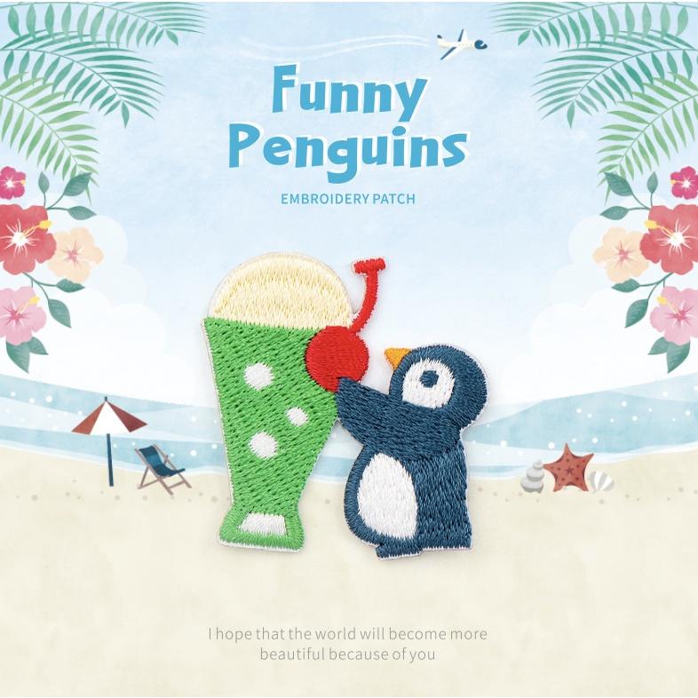 客秋皮～ 夏日清涼 企鵝飲品 可愛 企鵝 INS 刺繡 衣服裝飾DIY 補丁 燙布貼 刺繡貼紙 背膠式繡布貼 刺繡貼-細節圖6