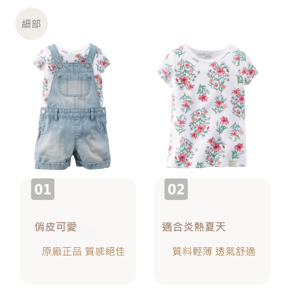 Carters 花卉款單寧吊帶短褲兩件組 #239A037｜12M/24M *無尿布釦* 快速出貨【EN】-細節圖2