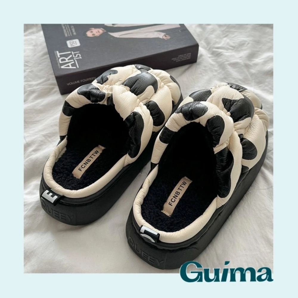 【Guima｜現貨】可愛小乳牛 保暖加絨拖鞋 個性潮流拖鞋 厚底刷毛拖鞋 可愛拖鞋 秋冬踩屎拖鞋 厚底毛毛拖鞋-細節圖3