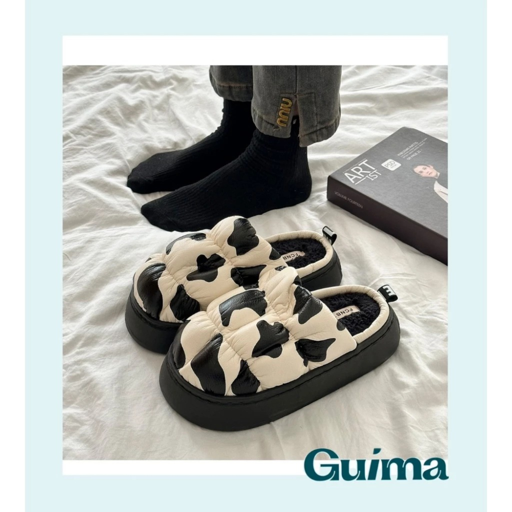 【Guima｜現貨】可愛小乳牛 保暖加絨拖鞋 個性潮流拖鞋 厚底刷毛拖鞋 可愛拖鞋 秋冬踩屎拖鞋 厚底毛毛拖鞋-細節圖6