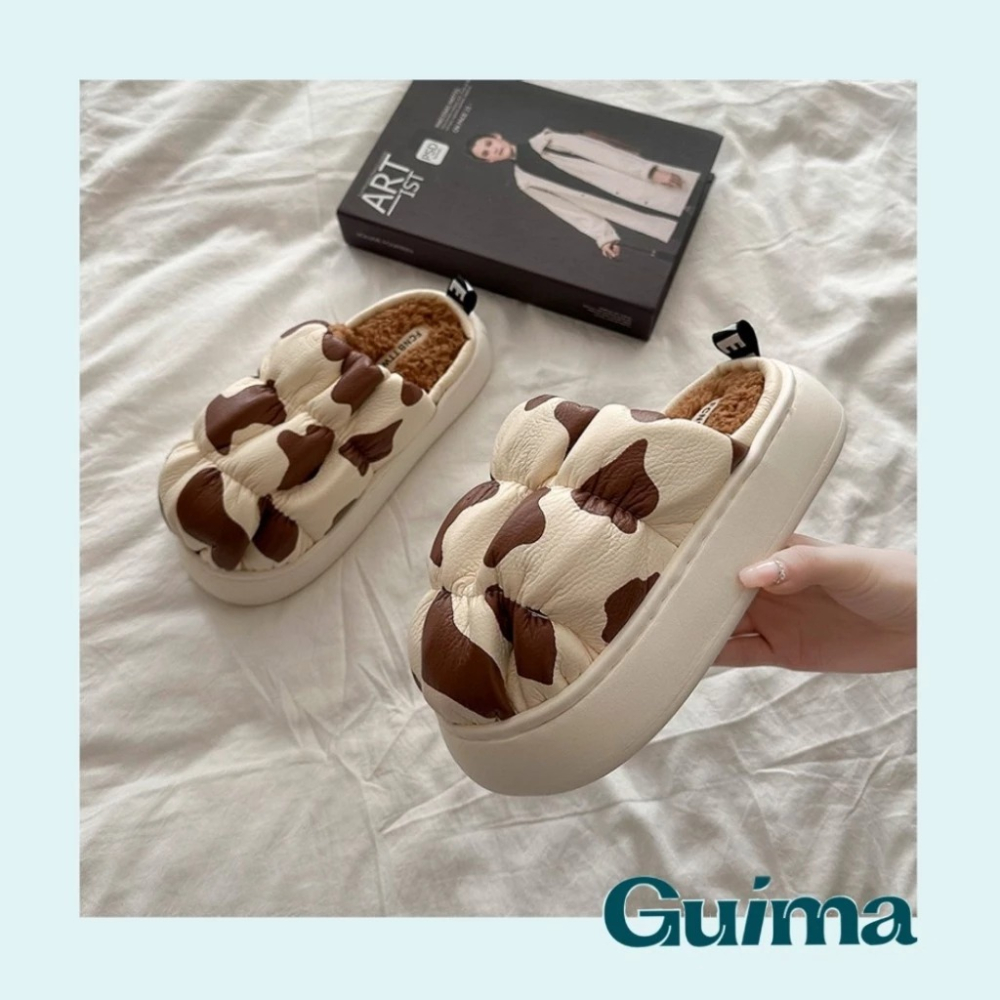 【Guima｜現貨】可愛小乳牛 保暖加絨拖鞋 個性潮流拖鞋 厚底刷毛拖鞋 可愛拖鞋 秋冬踩屎拖鞋 厚底毛毛拖鞋-細節圖7
