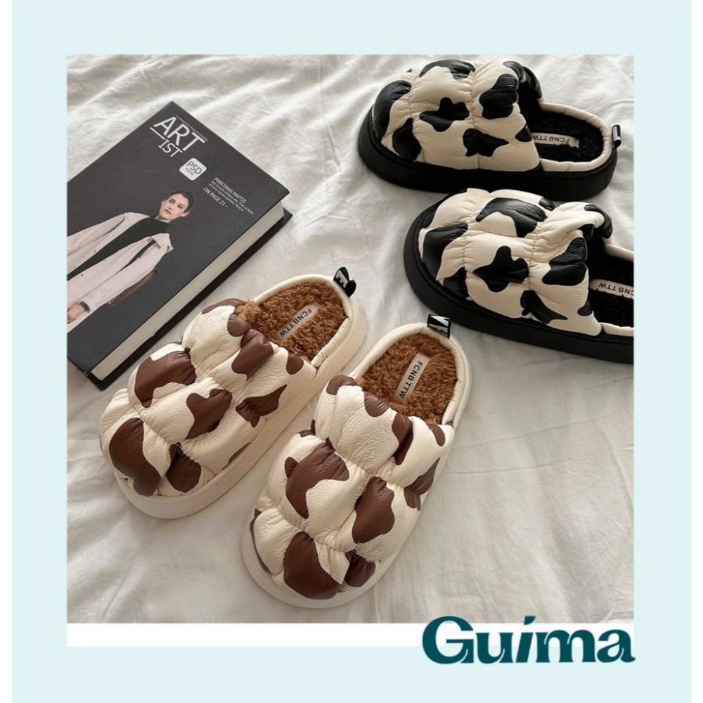 【Guima｜現貨】可愛小乳牛 保暖加絨拖鞋 個性潮流拖鞋 厚底刷毛拖鞋 可愛拖鞋 秋冬踩屎拖鞋 厚底毛毛拖鞋-細節圖8