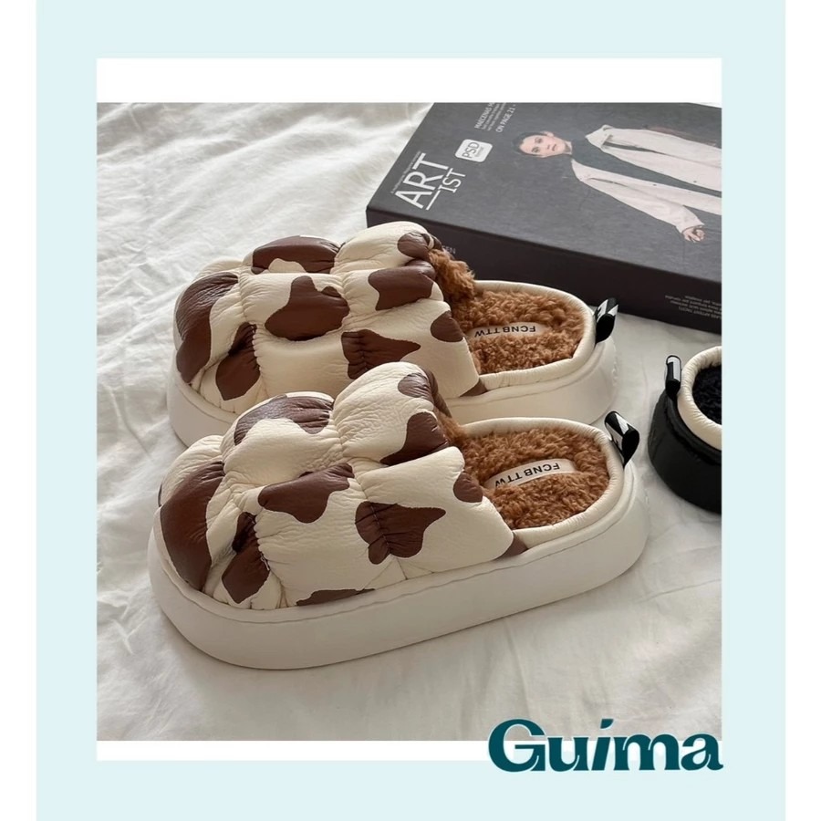 【Guima｜現貨】可愛小乳牛 保暖加絨拖鞋 個性潮流拖鞋 厚底刷毛拖鞋 可愛拖鞋 秋冬踩屎拖鞋 厚底毛毛拖鞋-規格圖9
