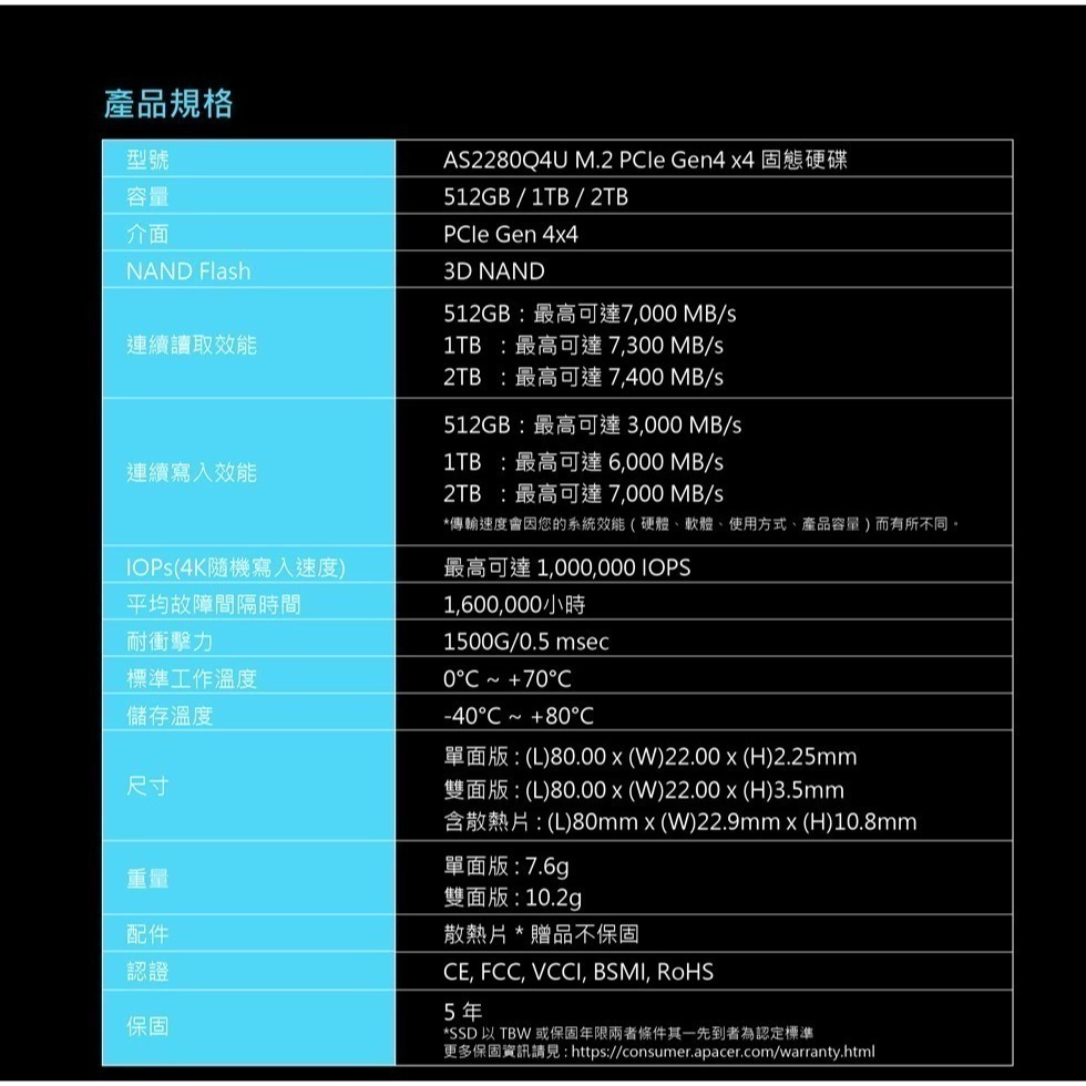 【PS5用】Apacer 2TB SSD 固態硬碟 AS2280Q4U 附散熱片 擴充 Gen4x4M.2【一樂電玩】-細節圖5