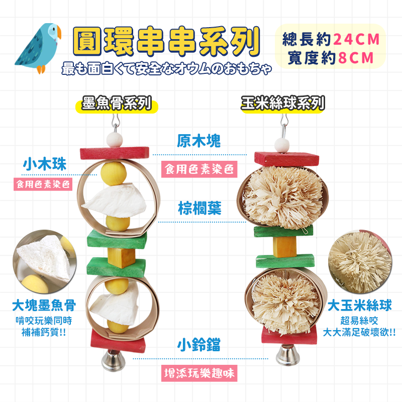 【天然材料製作】鸚鵡玩具 鸚鵡啃咬串 鸚鵡蓮蓬 鳥玩具 中小型鸚鵡 玄鳳 和尚鸚鵡 虎皮 金凱 原木 木珠 草編串 文鳥-細節圖2