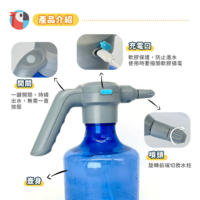 【充電款Ｘ贈萬向頭】電動噴壺 電動噴水壺 鸚鵡洗澡 鸚鵡洗澡盆 噴水壺 電動噴水槍 噴霧器 電動噴霧器 玄鳳 虎皮 3L-細節圖3