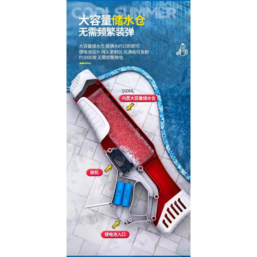 【W先生】大容量 電動水槍 自動連發水槍 500ml 連射水槍 充電電池 感應吸水 自動吸水 噴水槍 戲水 泳池 玩具-細節圖4
