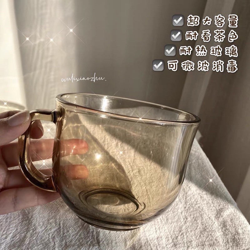 圓滾滾-現貨 茶色早餐杯 牛奶杯 麥片杯 燕麥杯 大容量杯子 玻璃杯 花茶杯  早餐杯 咖啡杯 帶柄玻璃杯 玻璃馬克杯-細節圖4