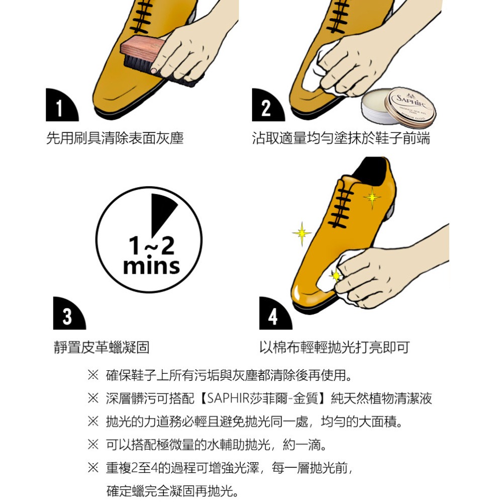 SAPHIR莎菲爾 - 金質 皮革快速鏡面亮光蠟-皮鞋快速打亮 雕花鞋快速打亮 高級皮鞋快速打亮 75ml-細節圖7