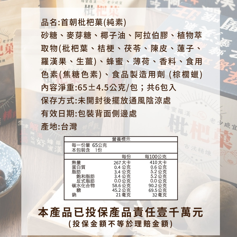 【首朝】金山老街 首朝枇杷菓 65gx6包/盒 升級素食版(新比例、再增量) 購滿地-細節圖6