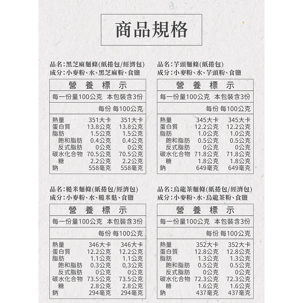 【大呷麵本家】黑芝麻麵條 芋頭麵條 糙米麵條 烏龍茶麵條 金盞花麵條 綠茶麵條(紙捲包) 300g包-購滿地-細節圖9