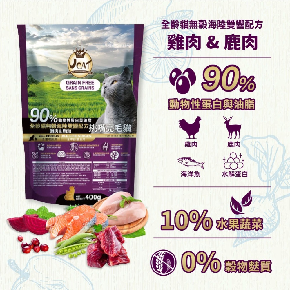 【UCAT】天然無穀全齡貓挑嘴亮毛配方2kg (雞肉+鮭魚)／(雞肉+鹿肉) 無穀貓糧 貓乾糧 貓飼料 購滿地-細節圖3