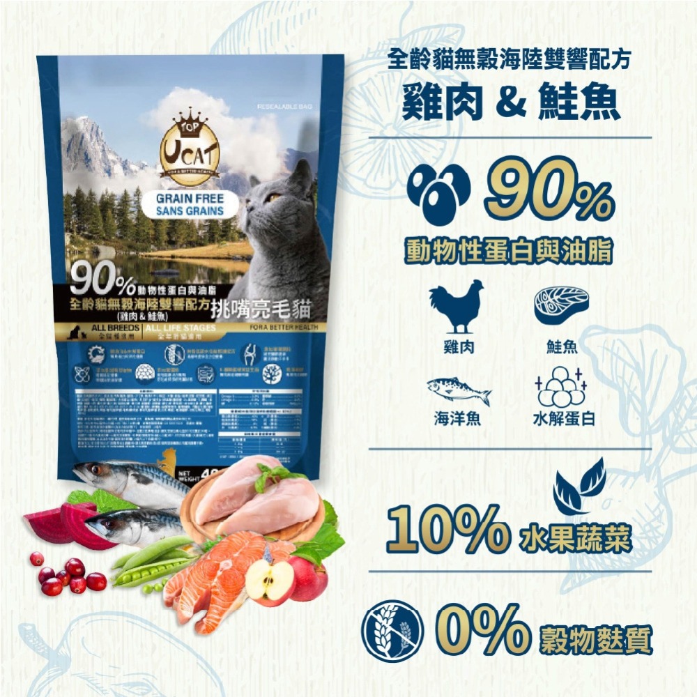 【UCAT】天然無穀全齡貓挑嘴亮毛配方2kg (雞肉+鮭魚)／(雞肉+鹿肉) 無穀貓糧 貓乾糧 貓飼料 購滿地-細節圖4