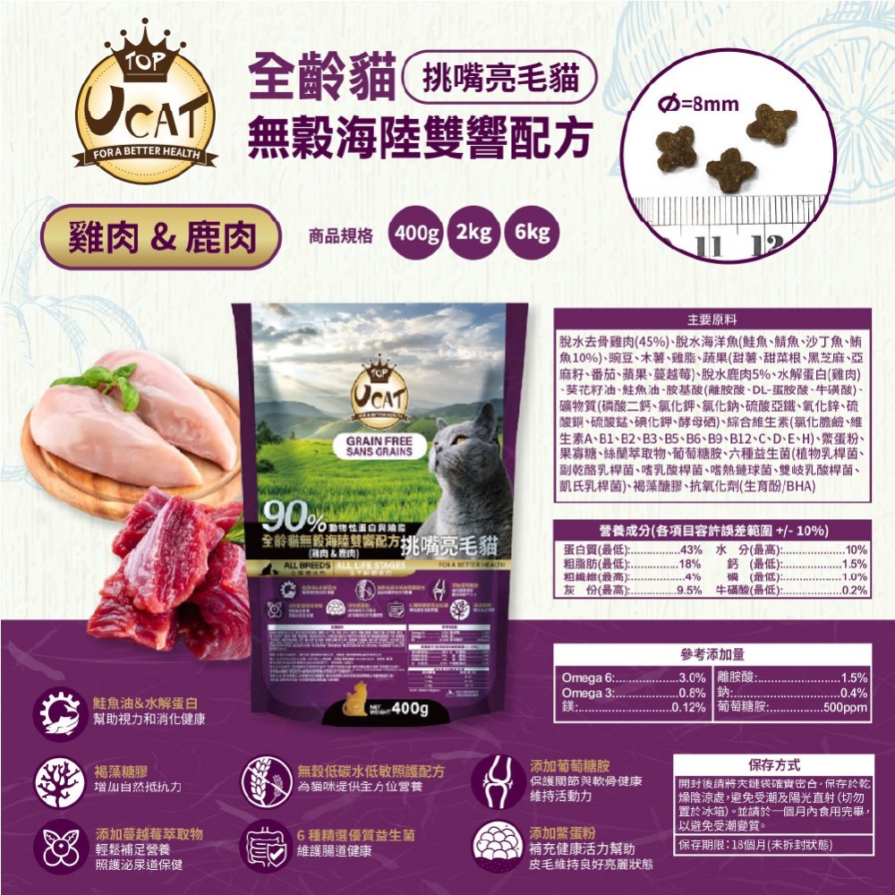 【UCAT】天然無穀全齡貓挑嘴亮毛配方2kg (雞肉+鮭魚)／(雞肉+鹿肉) 無穀貓糧 貓乾糧 貓飼料 購滿地-細節圖8