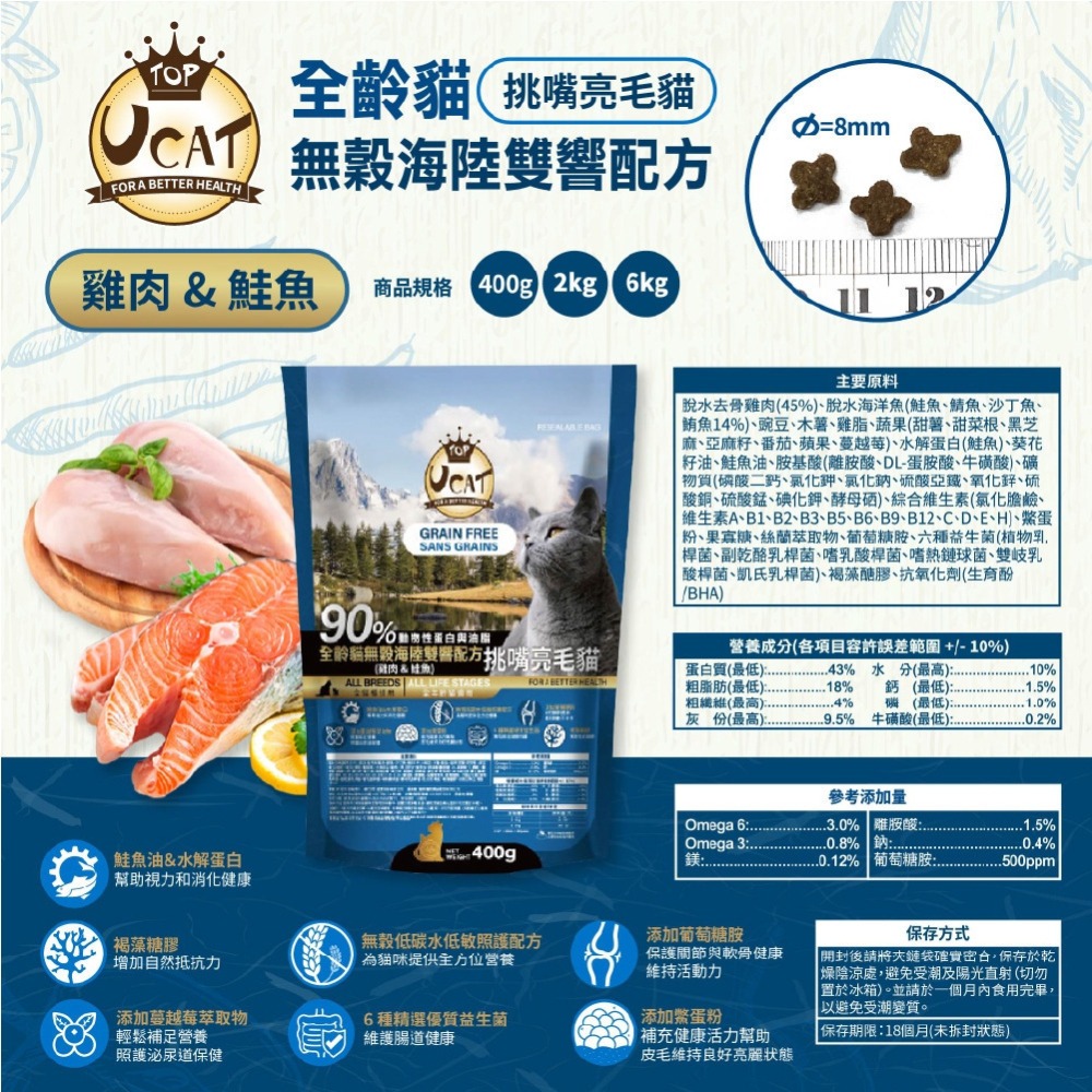 【UCAT】天然無穀全齡貓挑嘴亮毛配方2kg (雞肉+鮭魚)／(雞肉+鹿肉) 無穀貓糧 貓乾糧 貓飼料 購滿地-細節圖9